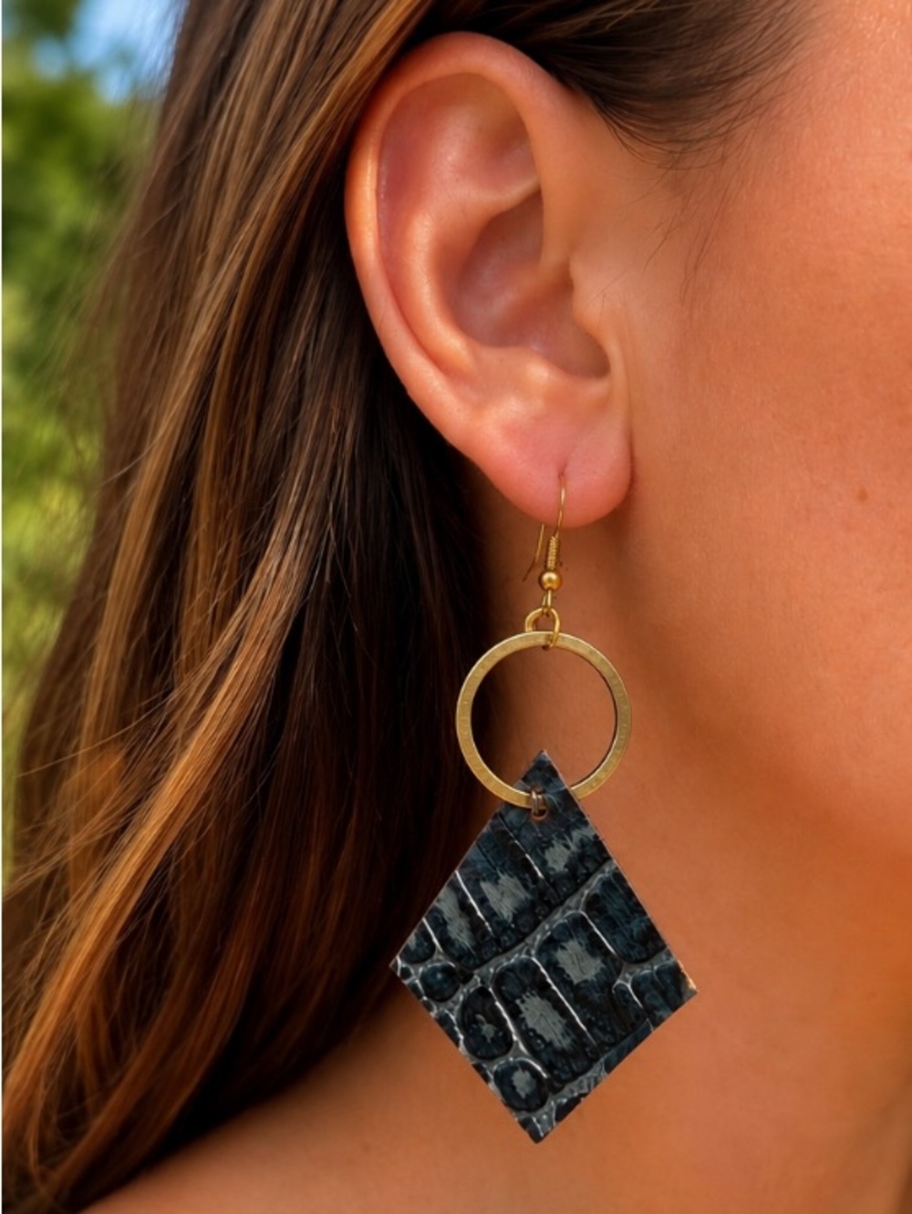 Black Croc-Embossed Leather-Look Statement Earrings
